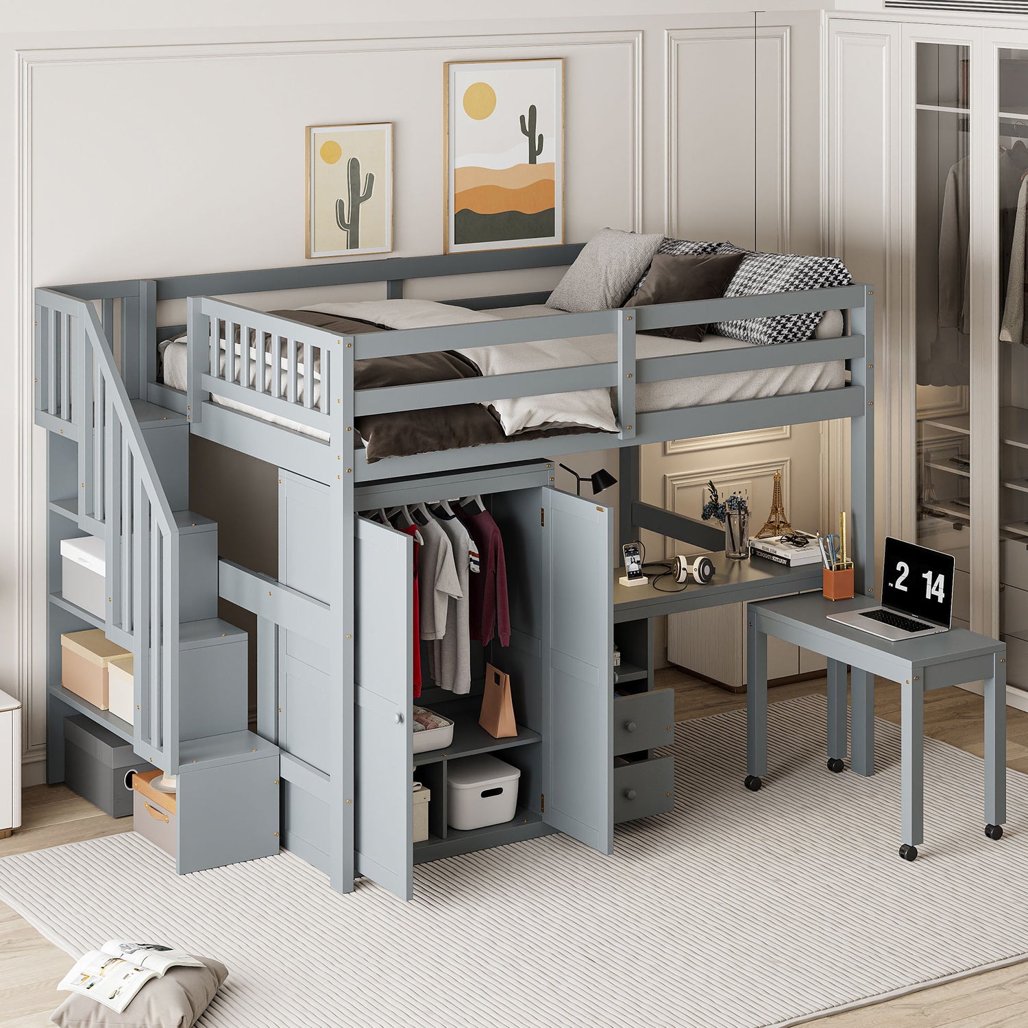 Loft Bed With Stairs, Bookshelf, Drawers, Desk &amp; Wardrobe, Space Saving Multifunctional Furniture