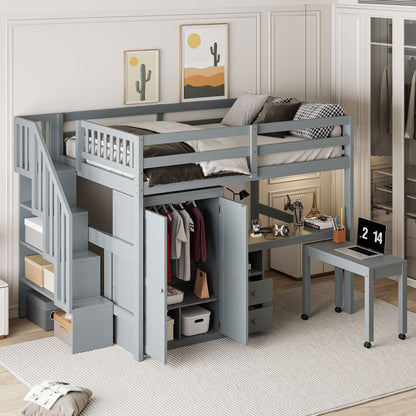 Loft Bed With Stairs, Bookshelf, Drawers, Desk &amp; Wardrobe, Space Saving Multifunctional Furniture