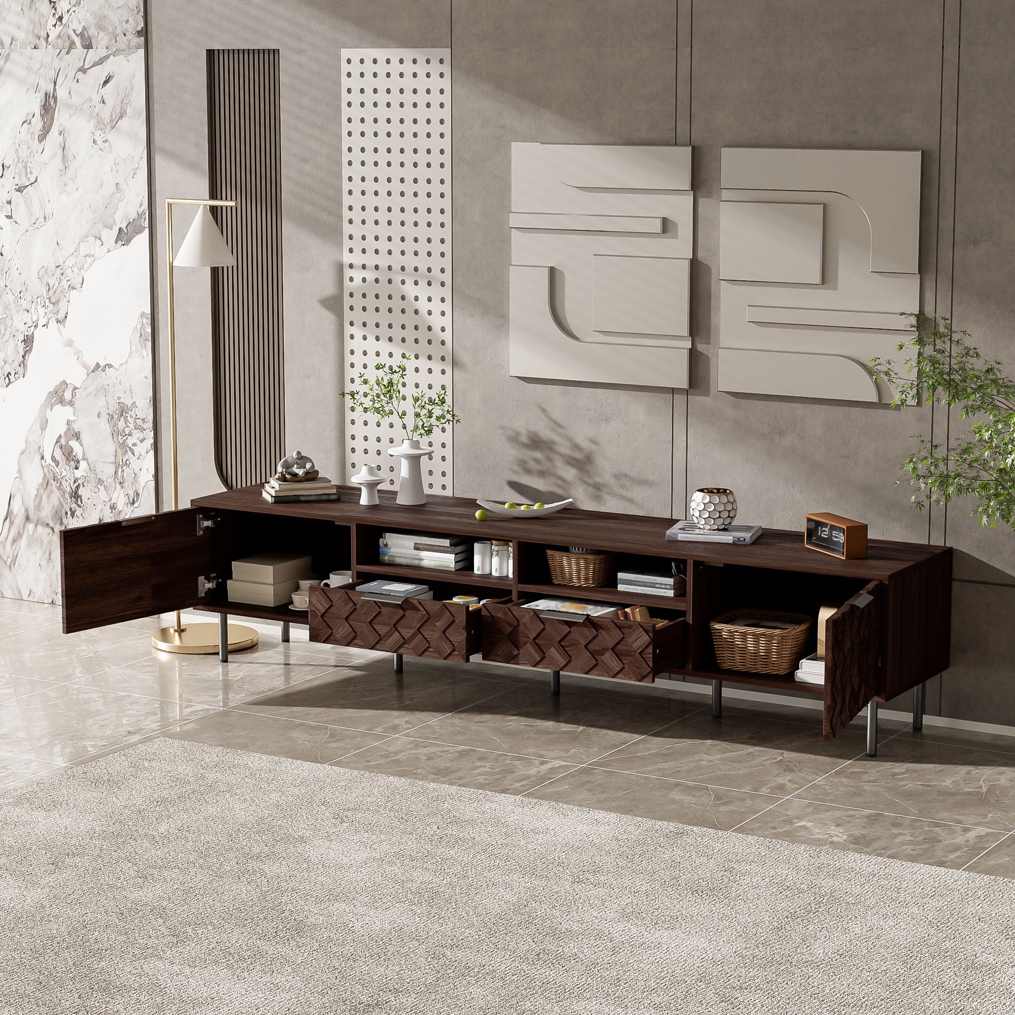 TV Stand For TVs Up To 85" With Closed Storage, Soft Closing Hinges, Living Room Entertainment Center - Walnut