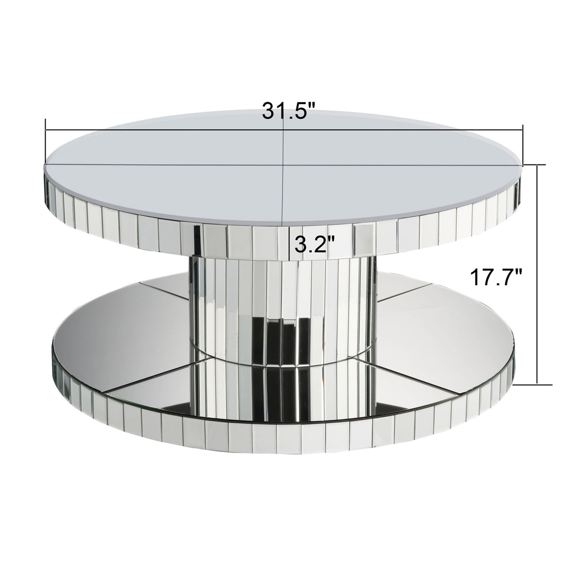 Luxury Double Tier Round Mirror Coffee &amp; End Table With Fluted Glass Modern Sofa Side Table - Silver / Glass