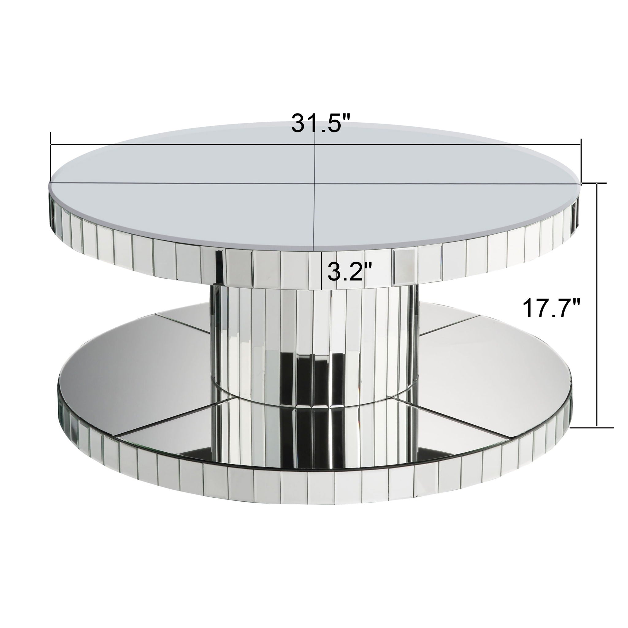 Luxury Double Tier Round Mirror Coffee &amp; End Table With Fluted Glass Modern Sofa Side Table - Silver / Glass