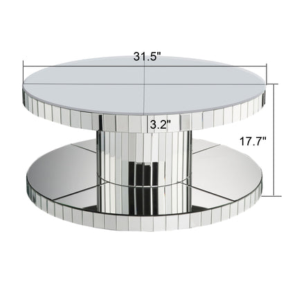 Luxury Double Tier Round Mirror Coffee &amp; End Table With Fluted Glass Modern Sofa Side Table - Silver / Glass