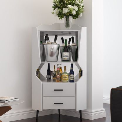 Corner Bar Cabinet With Mirrored Back, 2 Open Shelves &amp; 2 Drawers, High Legs For Easy Cleaning