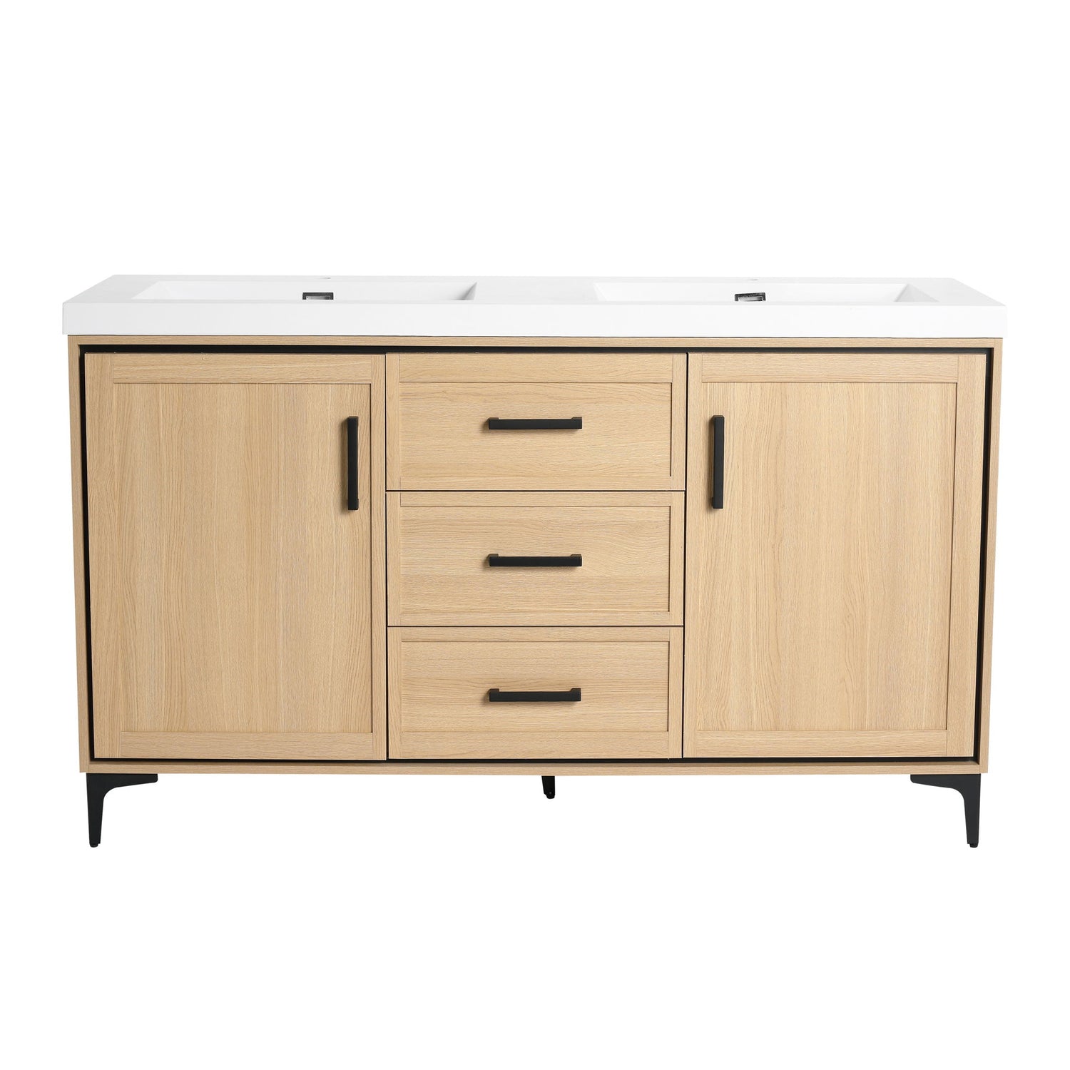 Original 60&quot; Freestanding Bathroom Vanity With Double Resin Sink Plywood Soft Closing Doors &amp; Drawers - Oak