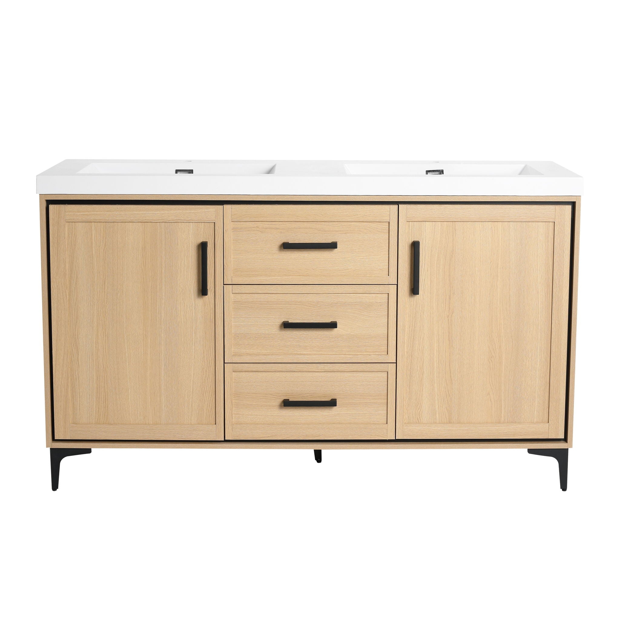 Original 60&quot; Freestanding Bathroom Vanity With Double Resin Sink Plywood Soft Closing Doors &amp; Drawers - Oak