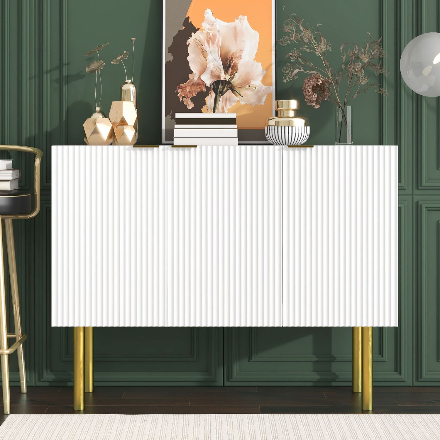 Modern Simple &amp; Luxury Style Sideboard Particle Board &amp; Board Cabinet With Gold Metal Legs &amp; Handles, Adjustable Shelves For Living Room, Dining Room
