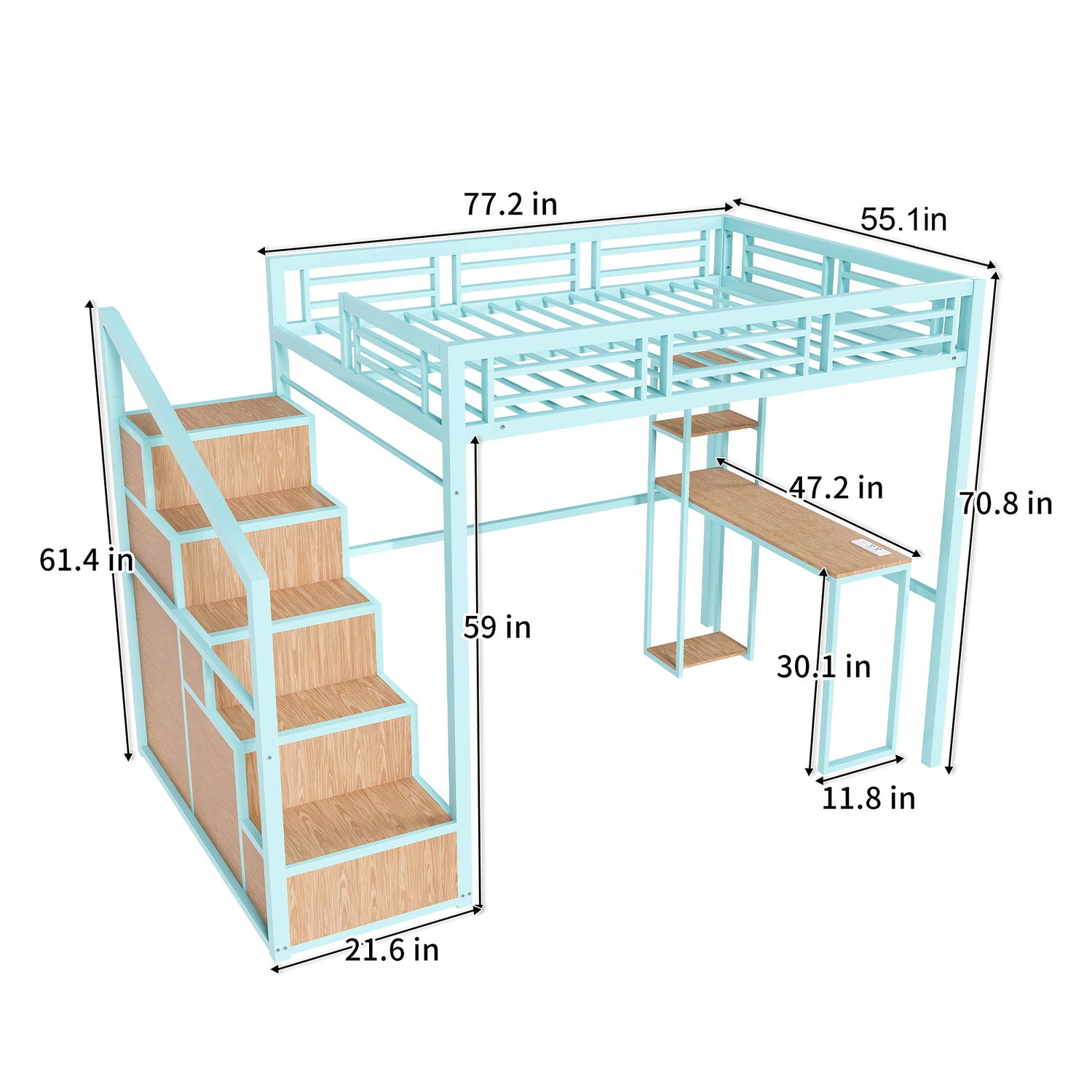 Heavy Metal Frame Full Loft Bed With Desk &amp; Storage, 4 Cabinets, Staircase, Rack Space Saver - Green
