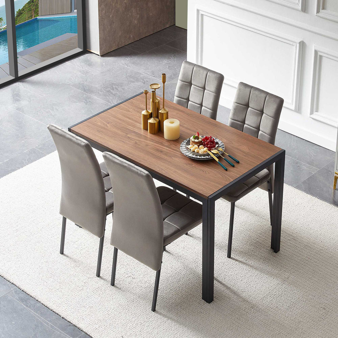 5 Piece Dining Set Including Velvet High Back Nordic Dining Chair &amp; Creative Design Dining Table