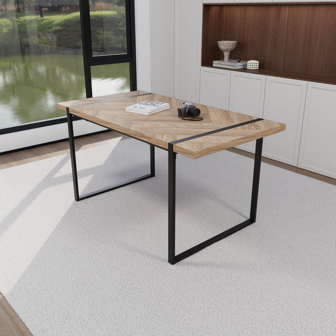 Modern Industrial Dining Table 59&quot; Rectangular Light Wood With Metal Legs For 4 - 6 People - Natural Wood