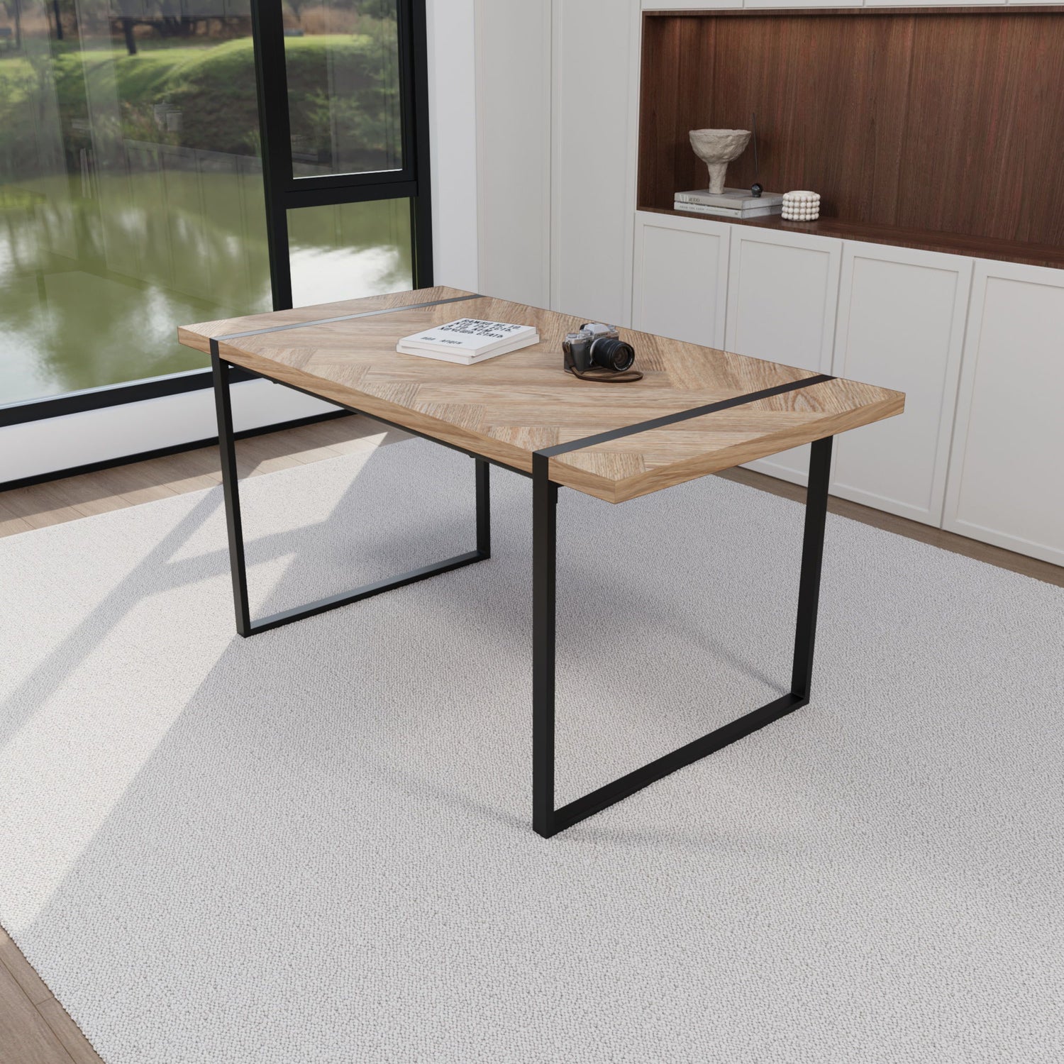 Modern Industrial Dining Table 59&quot; Rectangular Light Wood With Metal Legs For 4 - 6 People - Natural Wood