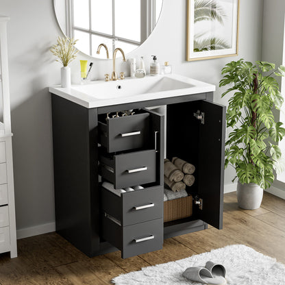 Ceramic Sink Combo, Freestanding Vanity Set With 3 Drawers &amp; Soft Closing Doors