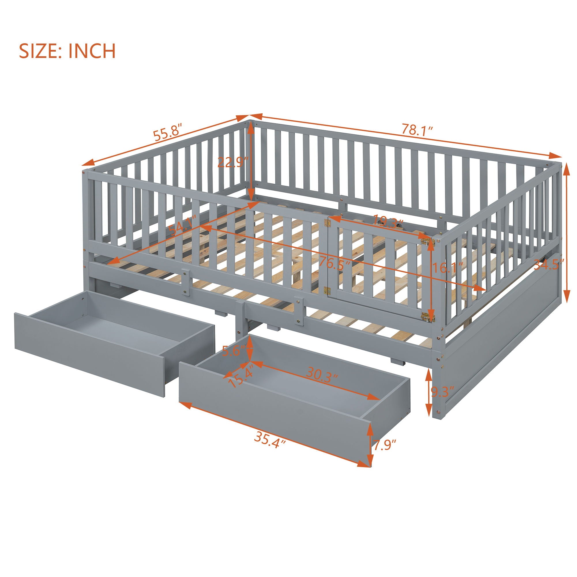 Daybed With Fence Guardrails And 2 Drawers, Split Into Independent Floor Bed &amp; Daybed