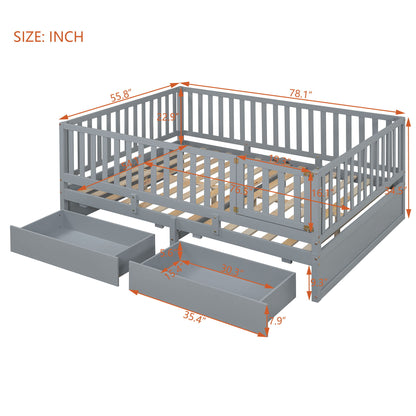 Daybed With Fence Guardrails And 2 Drawers, Split Into Independent Floor Bed &amp; Daybed