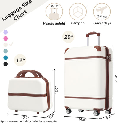 20&quot; Hardside Luggage With Cosmetic Case, 2 Piece Lightweight Suitcase Set With Spinner Wheels, Carry On Vintage Luggage