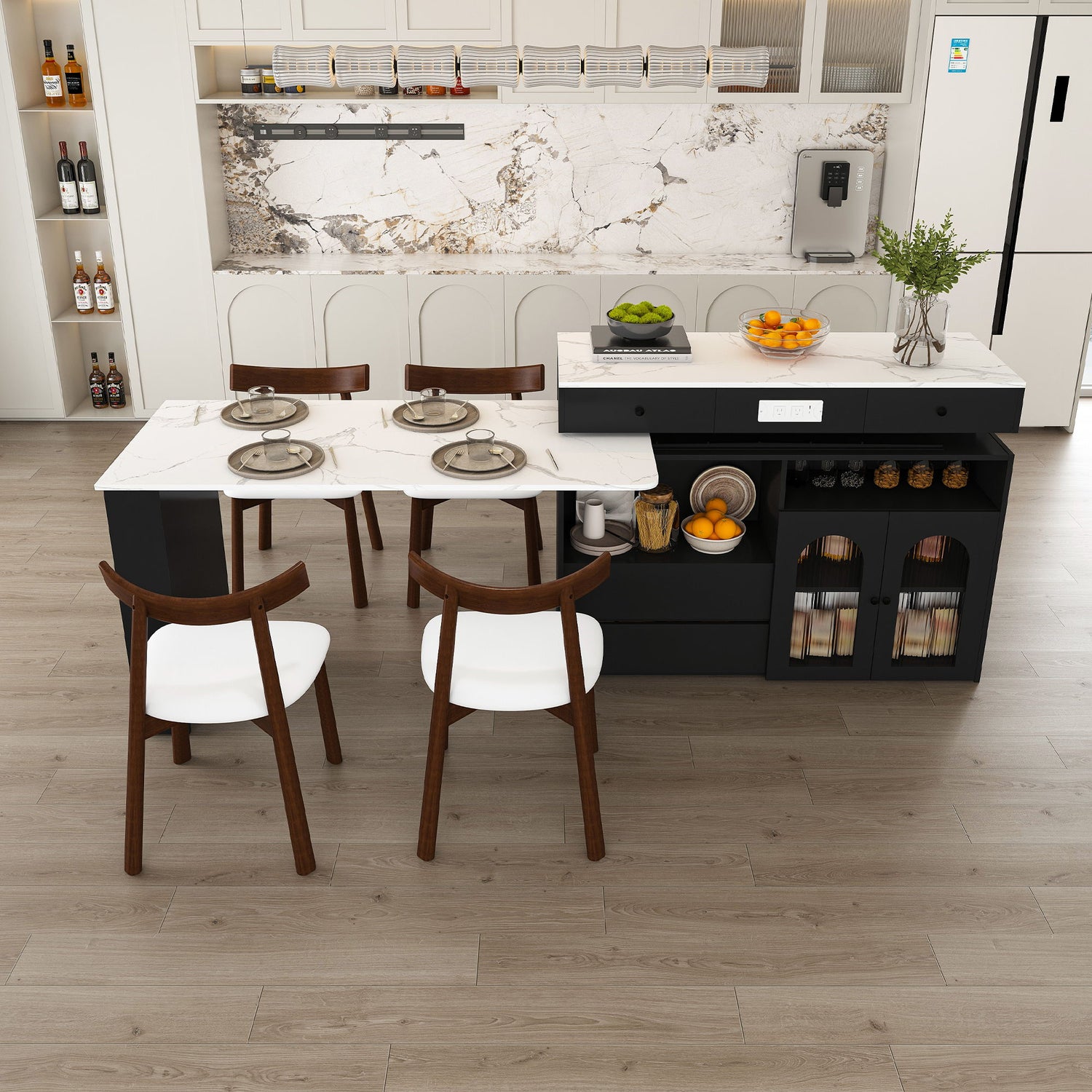 Retro Kitchen Island Set With Chairs, Extendable &amp; Rotating Table, 4 Drawers &amp; Door Cabinets