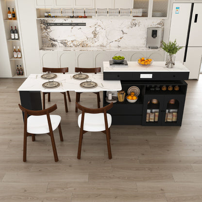 Retro Kitchen Island Set With Chairs, Extendable &amp; Rotating Table, 4 Drawers &amp; Door Cabinets