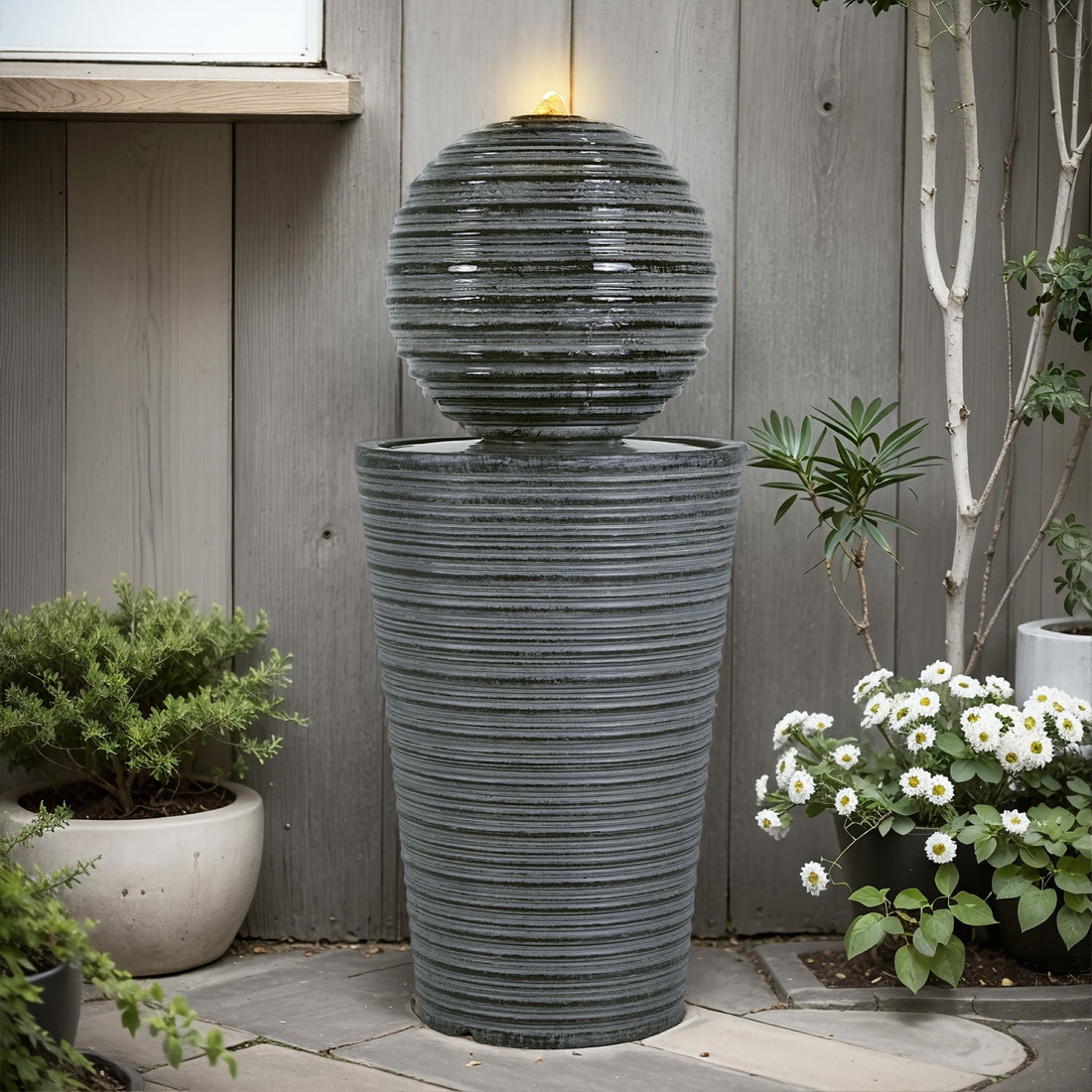 31.5&quot; Tall Striped Column Fountain With LED Light Design For Outdoor Spaces - Gray