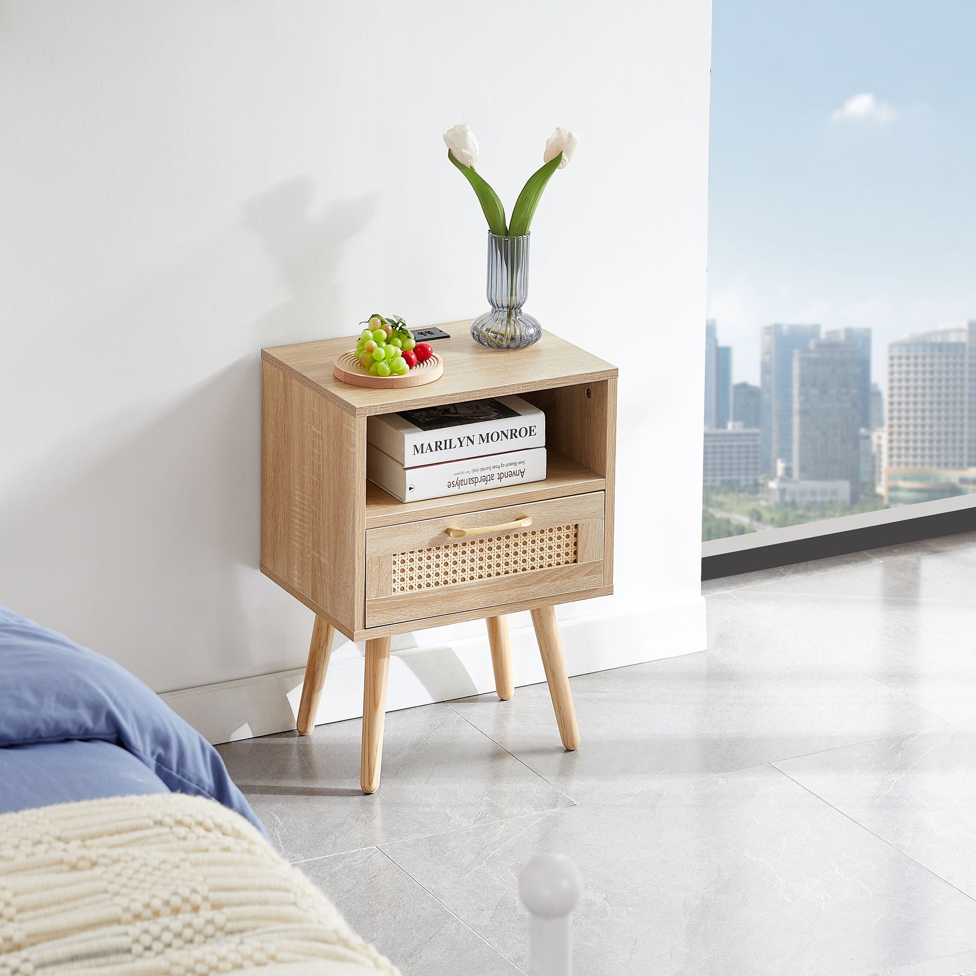 15.75&quot; Rattan End Table With Power Outlet &amp; USB Ports, Modern Nightstand With Drawer And Solid Wood Legs, Side Table For Living Room, Bedroom