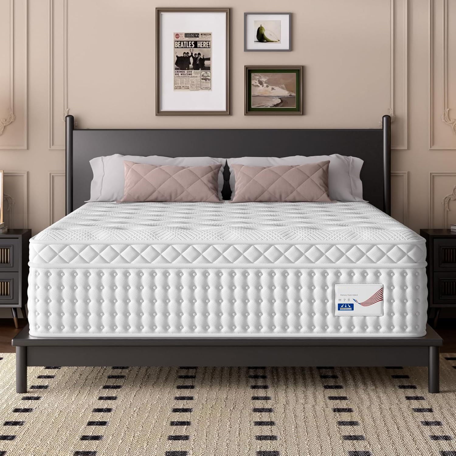 12" King Hybrid Mattress, Memory Foam &amp; Pocket Spring Bed, Medium Firm Comfort, Spine Support, Quiet &amp; Breathable - White
