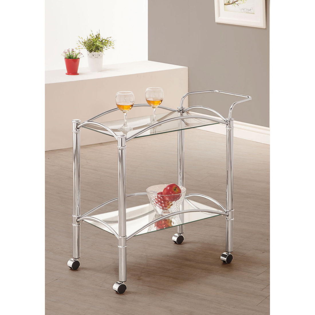 Porch &amp; Den - 2 Tier Rectangular Glass Shelf Bar Cart With Glass - Chrome