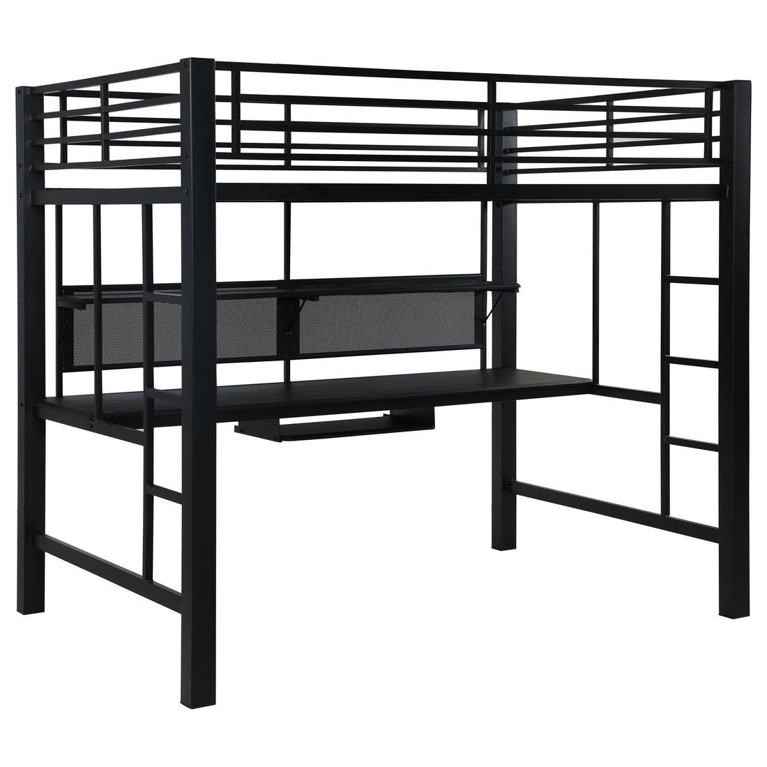 Ranier - Full Workstation Loft Bed, Full Length Desk, Safety Rails And Storage Shelves - Black