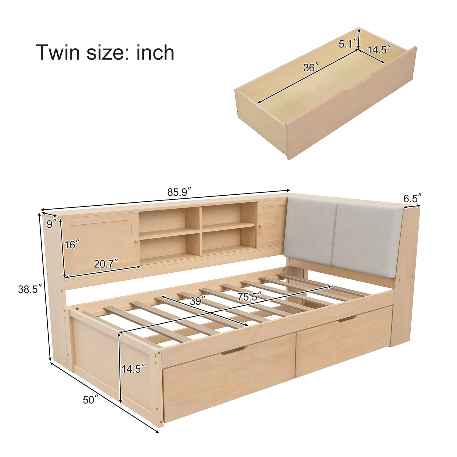 Twin L - Shaped Daybed With Storage Bookcase, Upholstered Headboard, USB Charging Ports &amp; Hidden Drawers - Natural