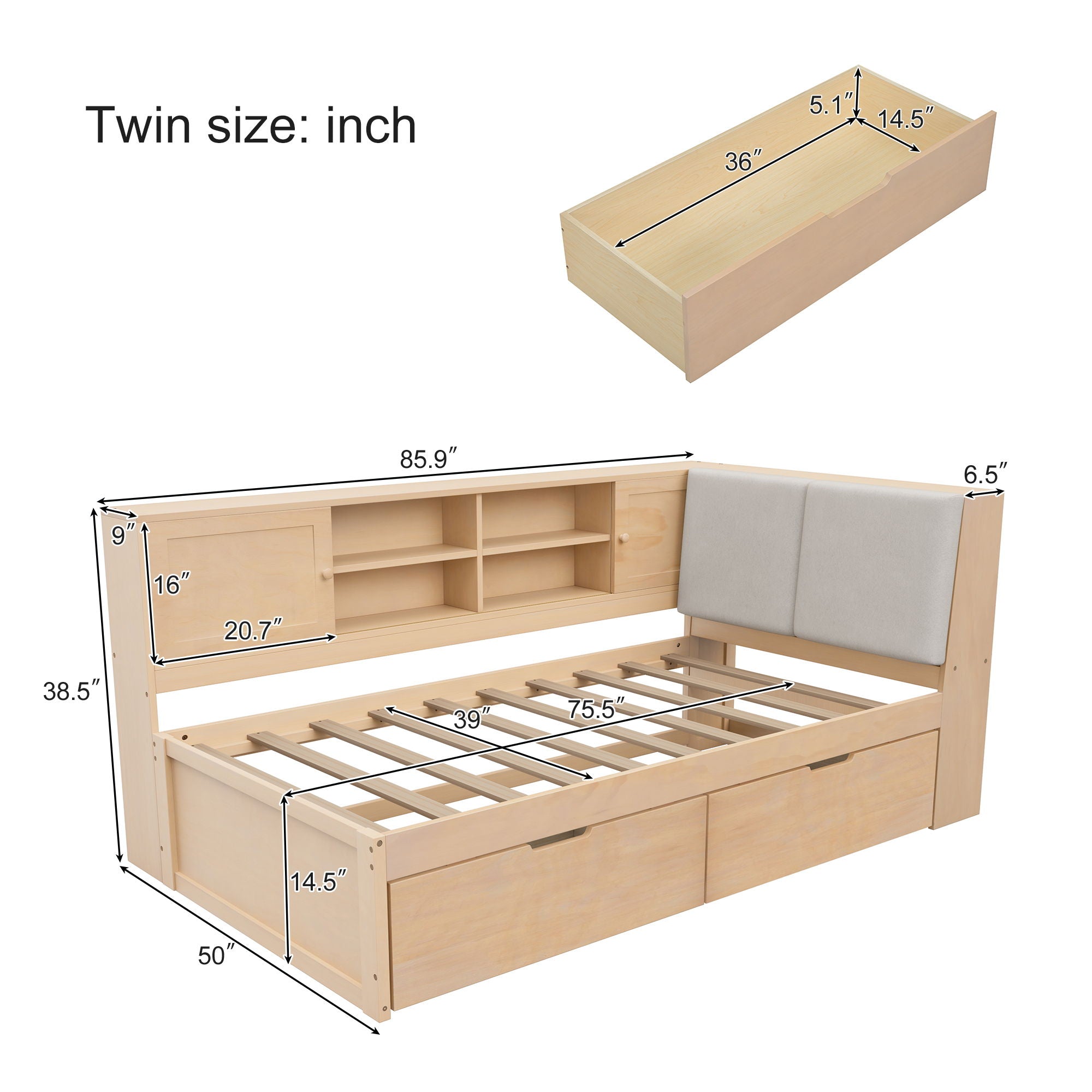 Twin L - Shaped Daybed With Storage Bookcase, Upholstered Headboard, USB Charging Ports &amp; Hidden Drawers - Natural