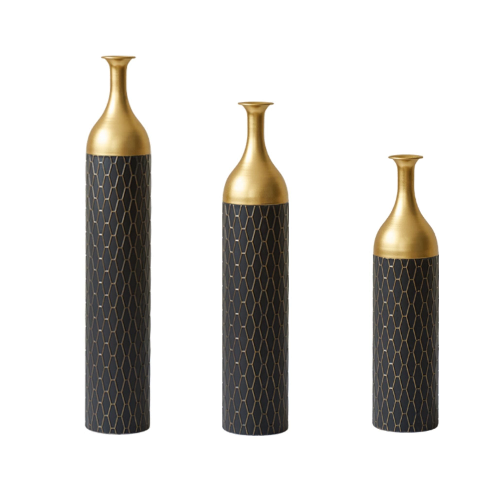 Elegant Floor Vase Set Metal Decorative Vases 3 Piece Set For Floral Display, Wedding &amp; Gift Decor - Gold / Black