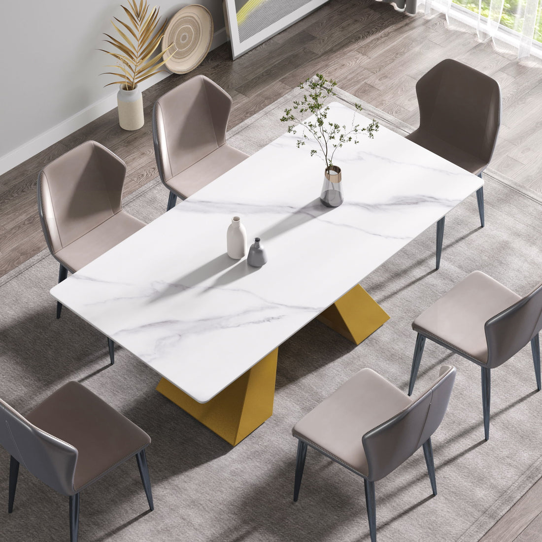 70.87&quot; Modern Artificial Stone White Straight Edge Metal Leg Dining Table - White / Gold