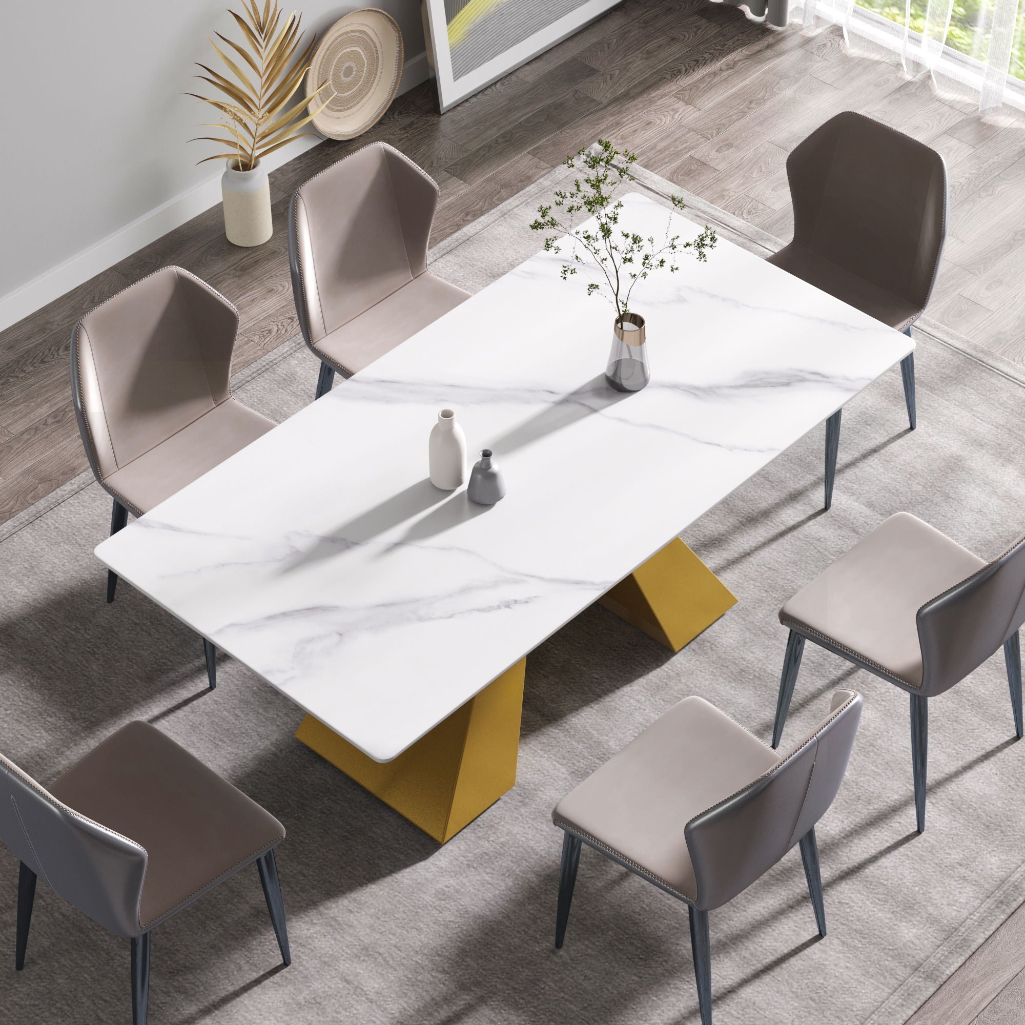 70.87&quot; Modern Artificial Stone White Straight Edge Metal Leg Dining Table - White / Gold
