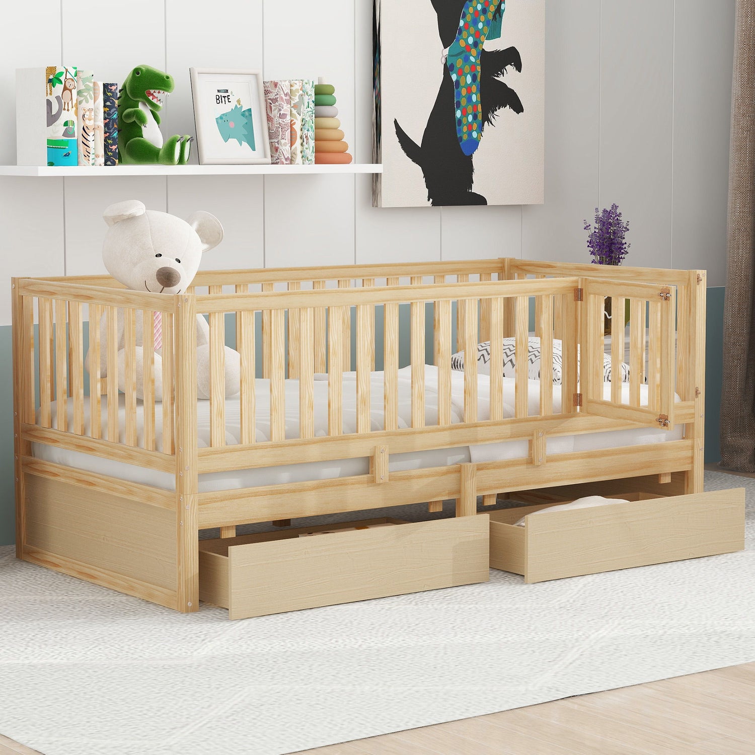 Daybed With Fence Guardrails And 2 Drawers, Split Into Independent Floor Bed &amp; Daybed