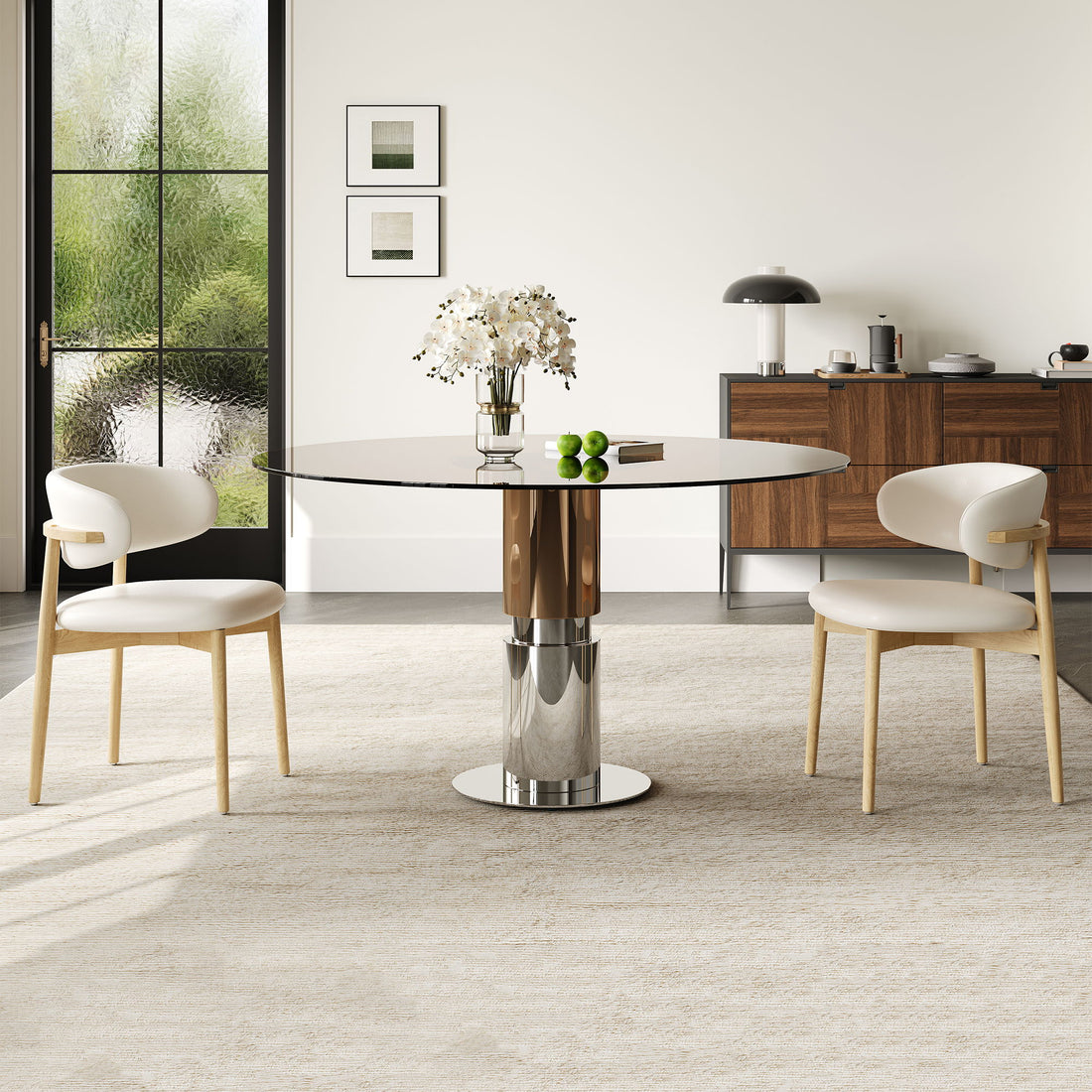 Round Dining Table &amp; Tempered Glass Top - Brown