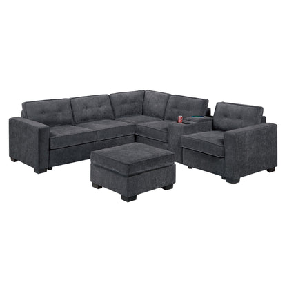 Sectional Set With Reversible Loveseat, USB Console, Corner Wedge &amp; Ottoman