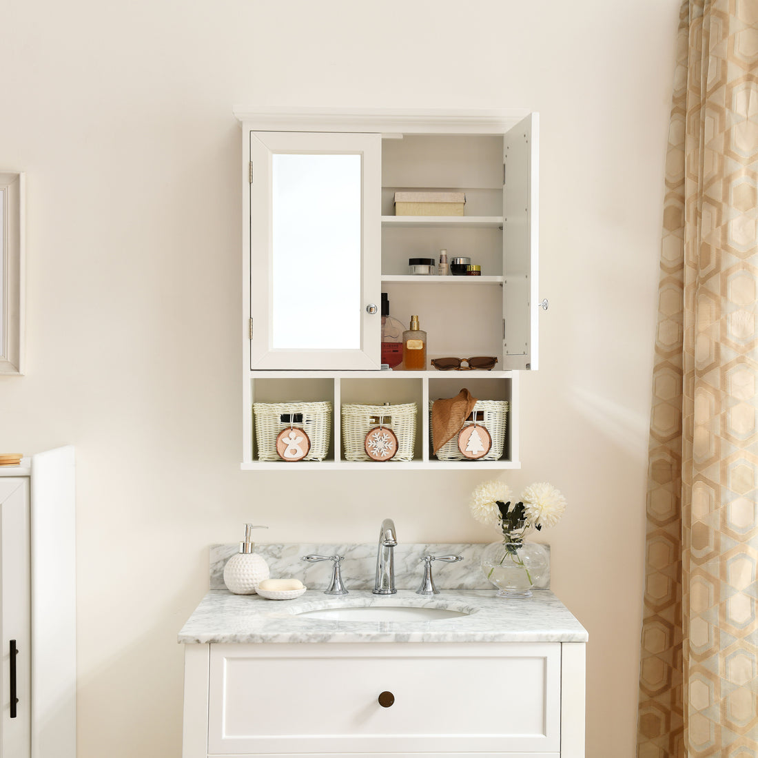 Bathroom Storage Cabinet, Medicine Cabinets For Bathroom With Mirror, 2 Doors 2 Adjustable Shelf &amp; 3 Christmas Style Storage Basket - White