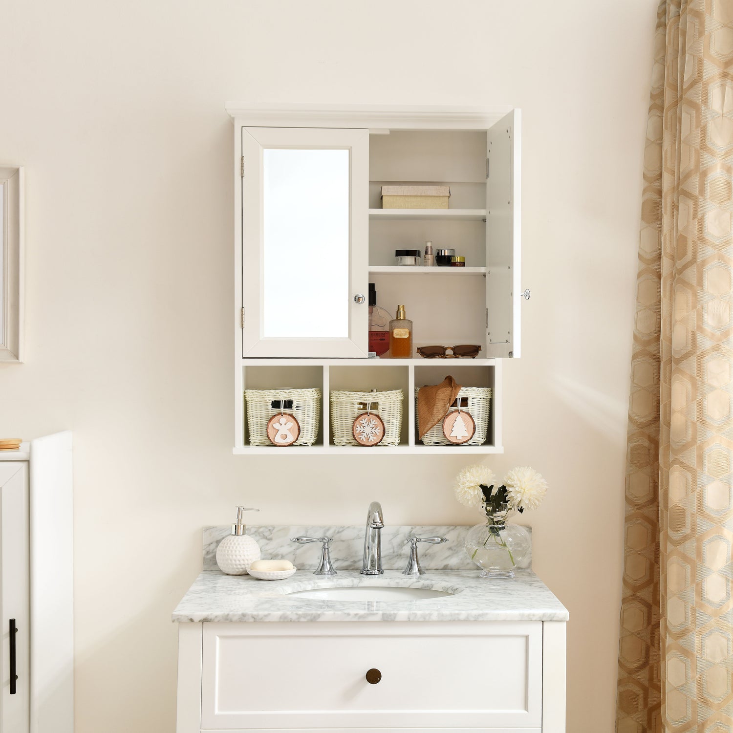 Bathroom Storage Cabinet, Medicine Cabinets For Bathroom With Mirror, 2 Doors 2 Adjustable Shelf &amp; 3 Christmas Style Storage Basket - White