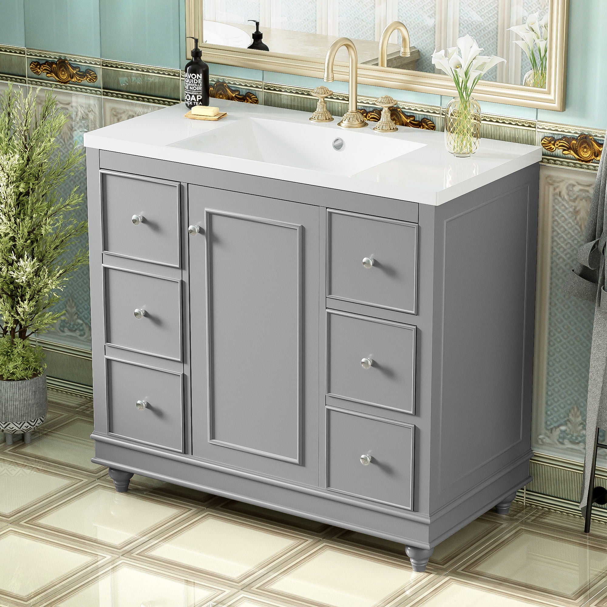 Contemporary Bathroom Vanity Cabinet, 4 Drawers &amp; 1 Cabinet Door, Multipurpose Storage, Resin Integrated Sink, Adjustable Shelves, Solid Wood Frame With MDF