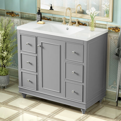 Contemporary Bathroom Vanity Cabinet, 4 Drawers &amp; 1 Cabinet Door, Multipurpose Storage, Resin Integrated Sink, Adjustable Shelves, Solid Wood Frame With MDF