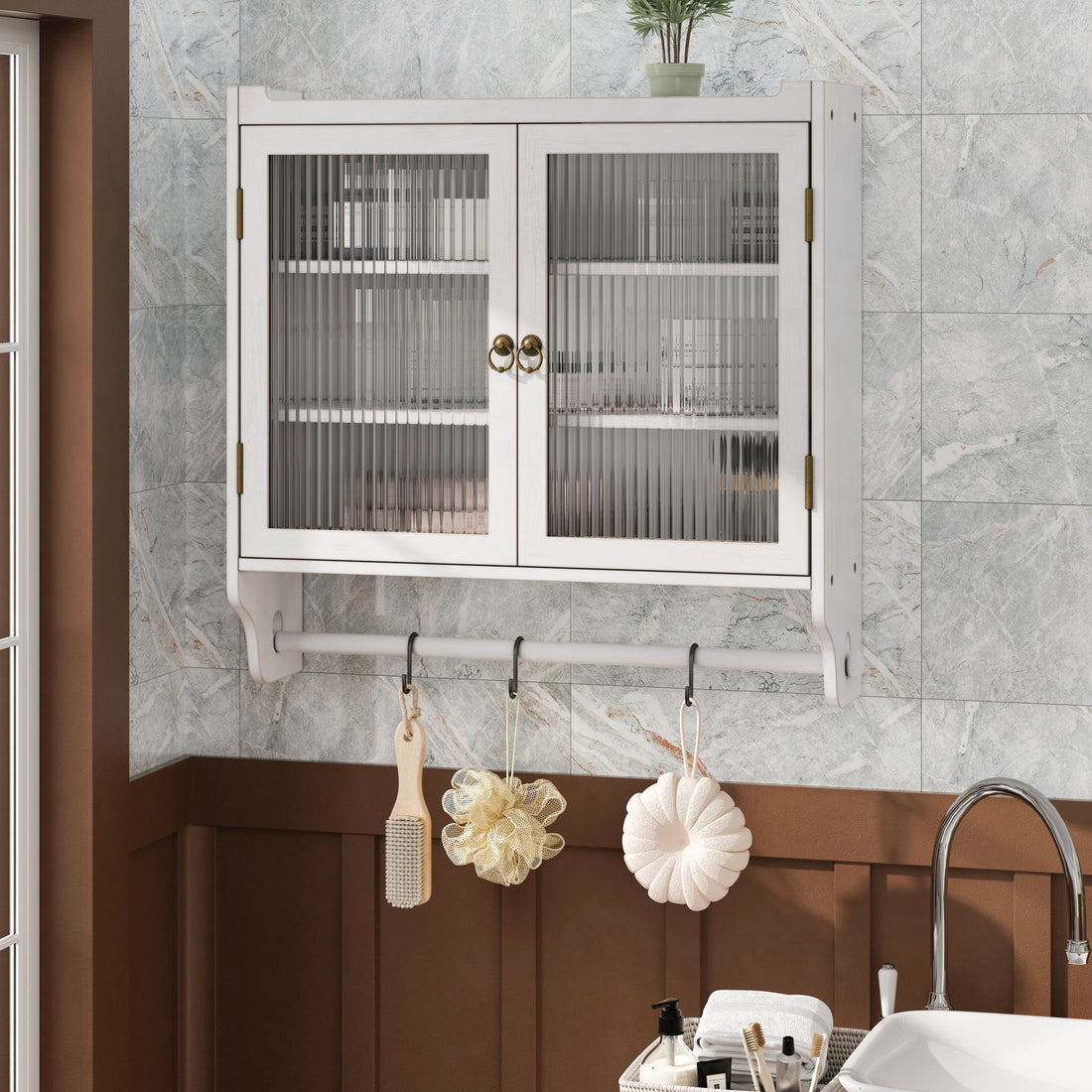 Vintage Double Door Wall Cabinet With Three Tiers Storage And Towel Rack - White Washed