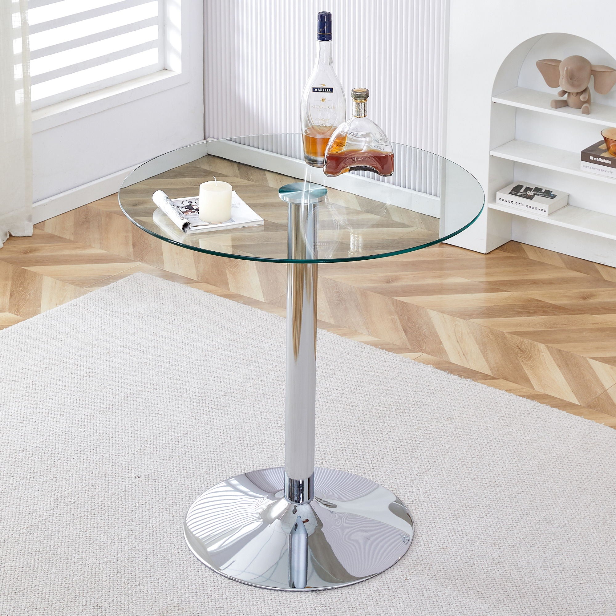 Modern Minimalist Circular Glass Dining Table With Electroplated Metal Legs 35&quot; Diameter - Transparent