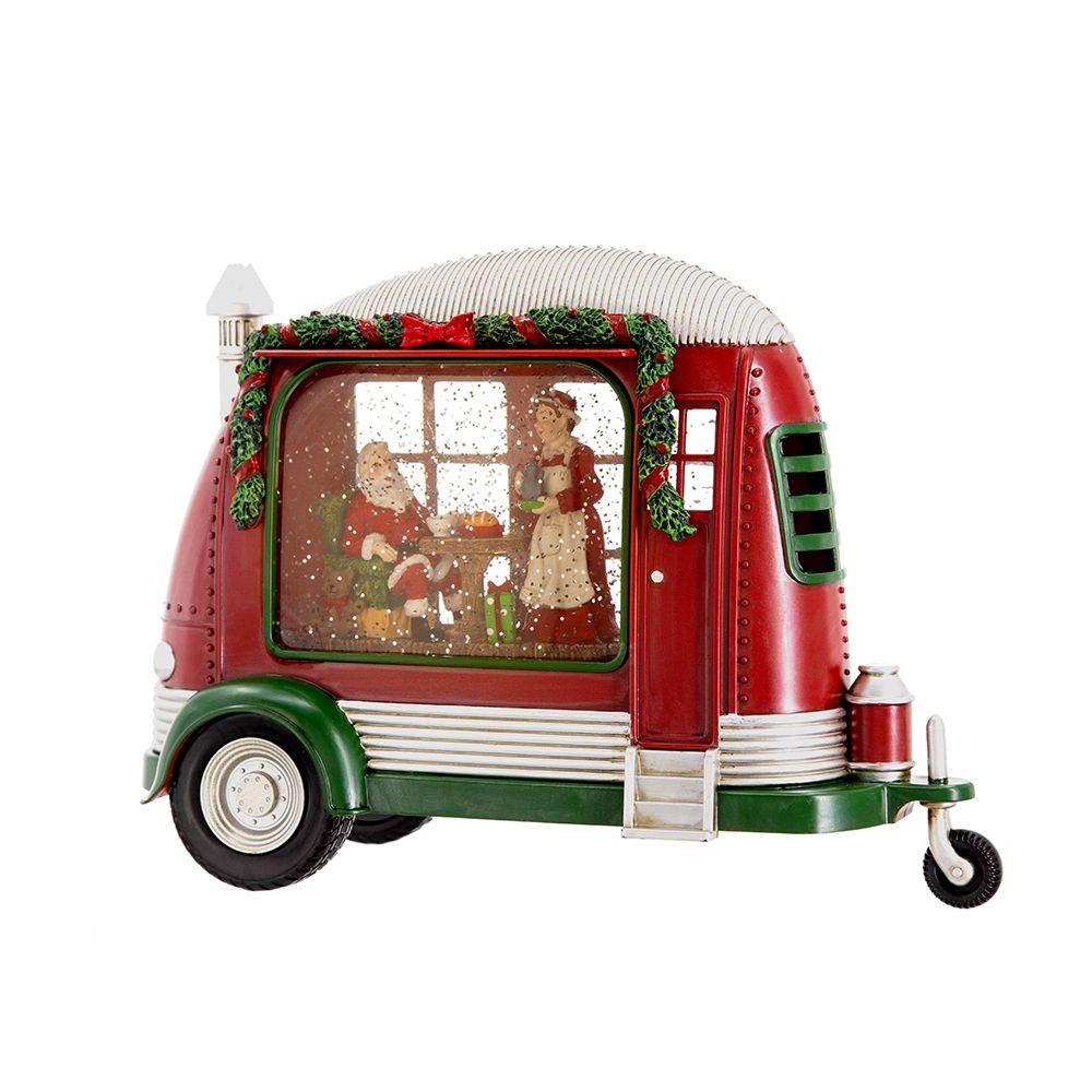 Christmas Plastic / Resin Camper With Mr &amp; Mrs Santa Tea Time LED / Water Spinning / 2 Way Switch, 3*AA Required - Red