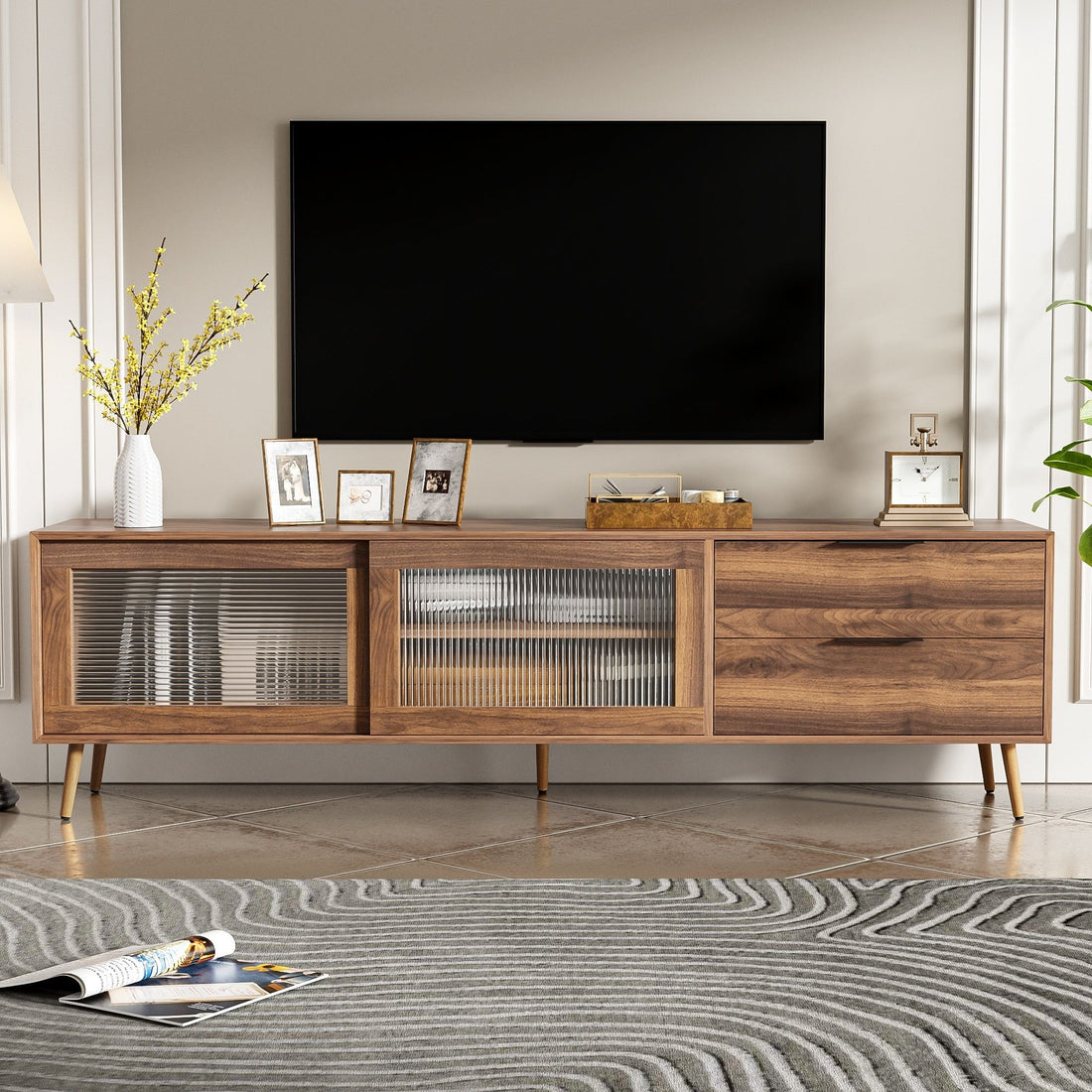 TV Stand, Media Console With 2 Doors, 2 Drawers &amp; Storage Cabinet - Walnut