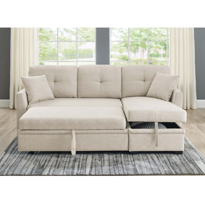 Upholstered Sectional &amp; Pull Out Bed And Chaise Storage - Almond