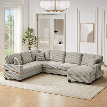 Upholstered U-Shaped Sectional Sofa With Movable Ottoman And Side Storage Pockets