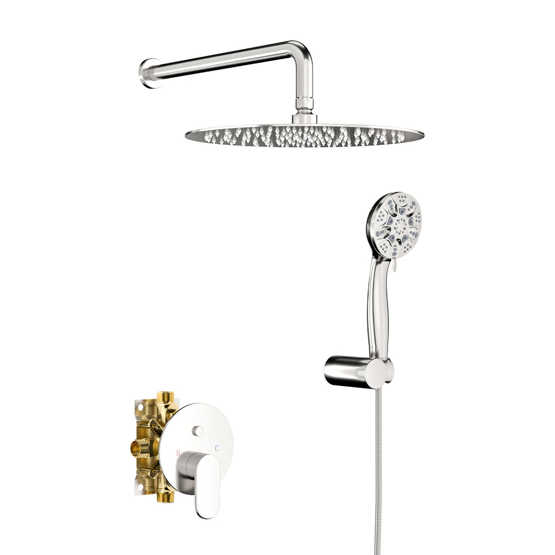 Dual Shower Head System With Rain Shower And Handheld, Wall Mounted, 10&quot; Round Design - Brushed Nickel