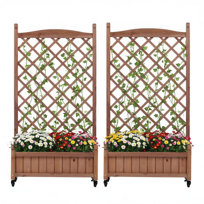 Raised Garden Bed With Trellis 2 Pack, Outdoor Planter Box &amp; Plant Stand With Climbing Racks - Brown
