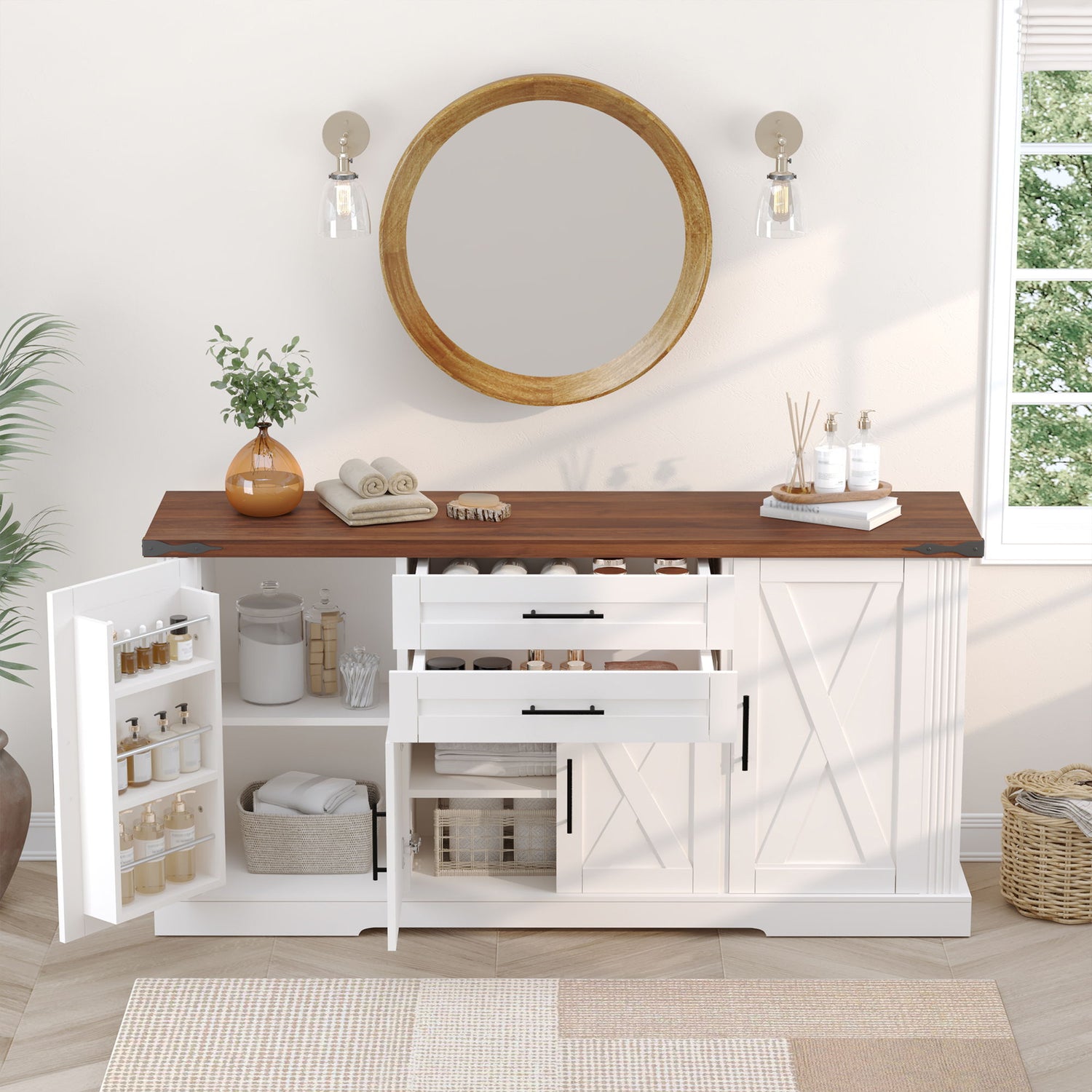 Barn Door Storage Cabinet With 2 Drawers &amp; Door Rack, Adjustable Shelves