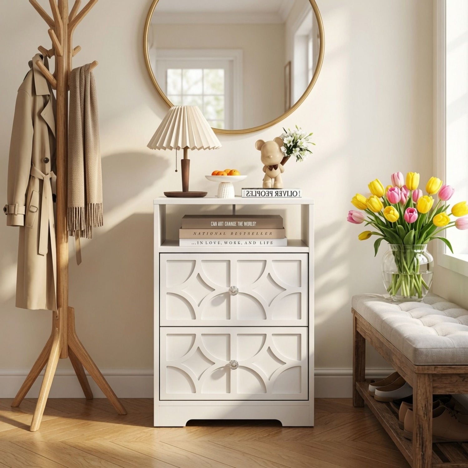 Nightstand With Diamond Carvings Handles, 2 Drawers &amp; Charging Station
