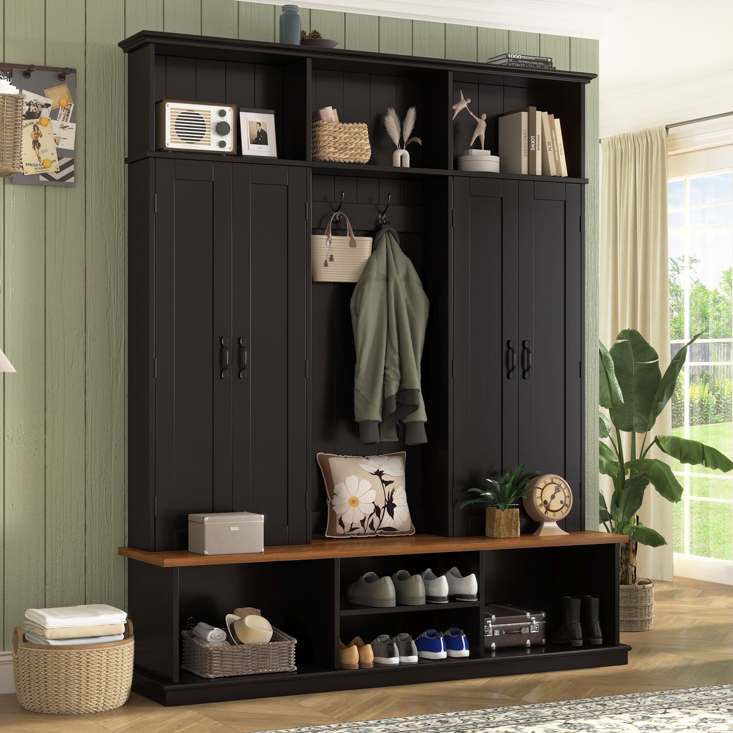 Entryway Hall Tree With Bench, 3 Top Cubbies &amp; Bottom Storage Space