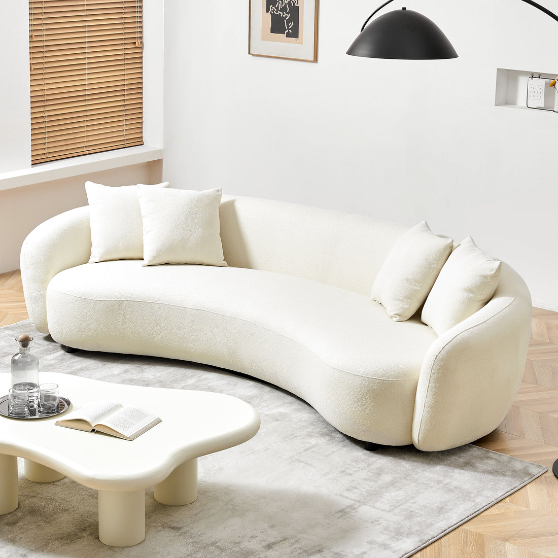 Modern Curved Sofa Mid-Century Comfy Half Moon Teddy Fabric Couch, 101&quot; Upholstered With 4 Throw Pillows For Living Room - White