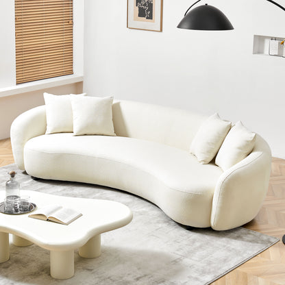 Modern Curved Sofa Mid-Century Comfy Half Moon Teddy Fabric Couch, 101&quot; Upholstered With 4 Throw Pillows For Living Room - White